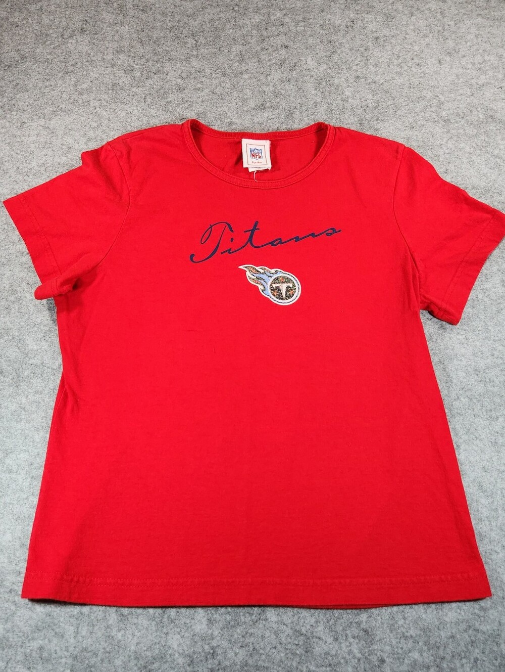 NFL Red Titans Short Sleeve Tee with Navy Script And Shimmer Logo Size Large
